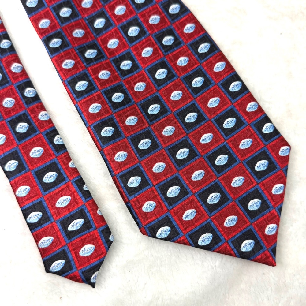 Pfizer Blue Pill Silk Necktie Red Checkered Logo Corporate Pharmaceutical Tie